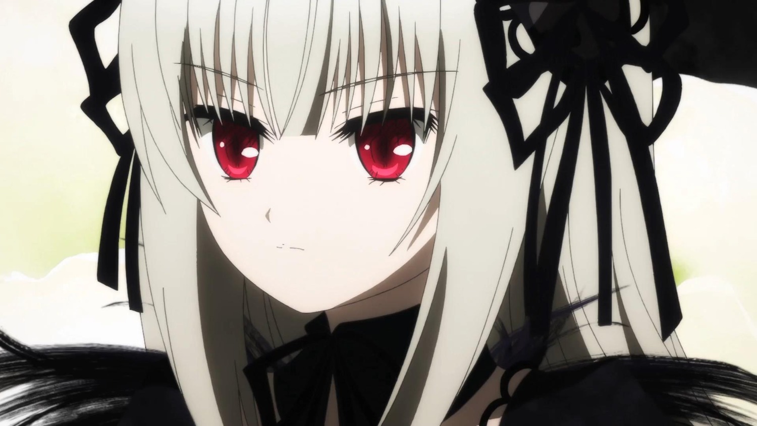 1girl bangs black_ribbon closed_mouth detached_collar dress eyebrows_visible_through_hair hair_ribbon image long_hair looking_at_viewer portrait red_eyes ribbon solo suigintou