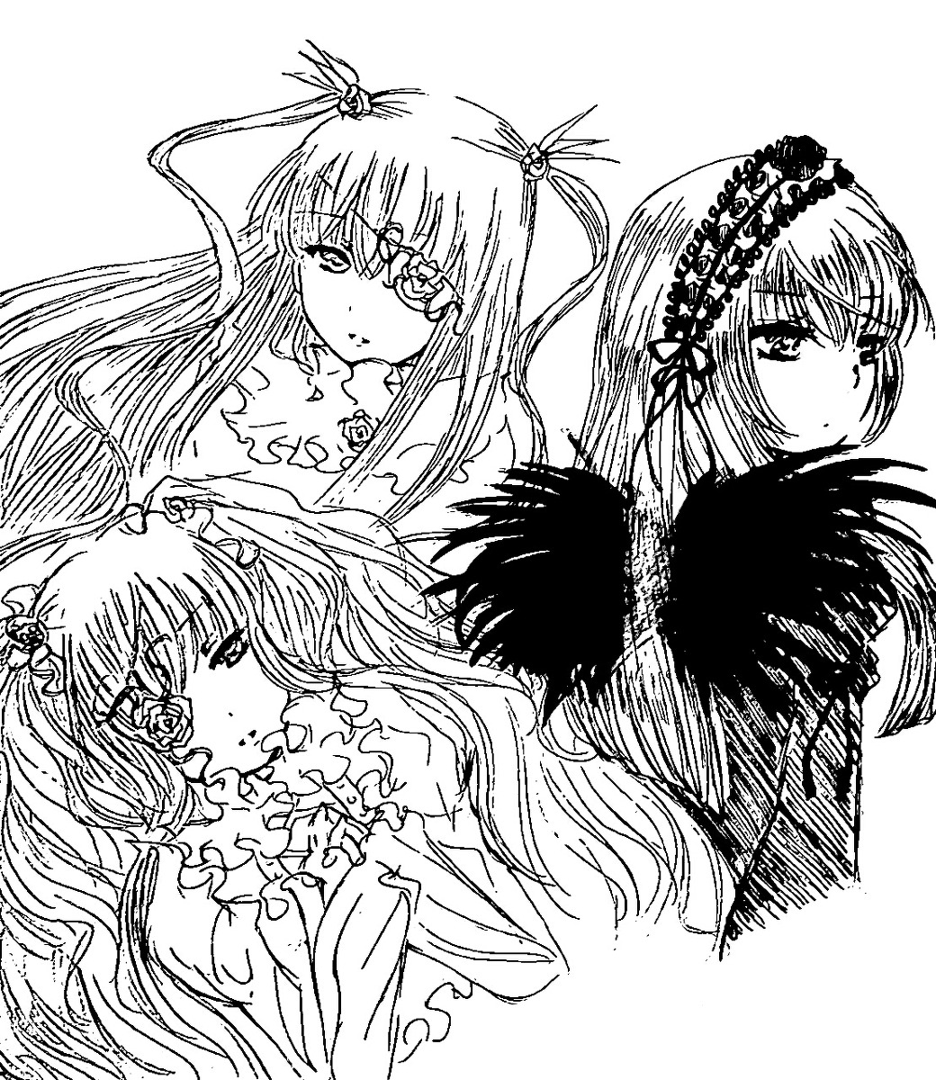 3girls dress flower frills greyscale hair_ornament image lineart long_hair looking_at_viewer monochrome multiple multiple_girls rose suigintou tagme