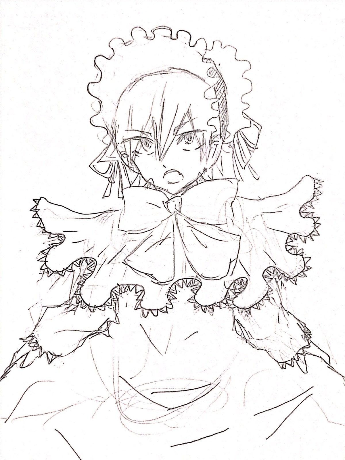 1girl bangs bonnet bow capelet dress eyebrows_visible_through_hair frills image long_sleeves looking_at_viewer monochrome open_mouth shinku sketch solo