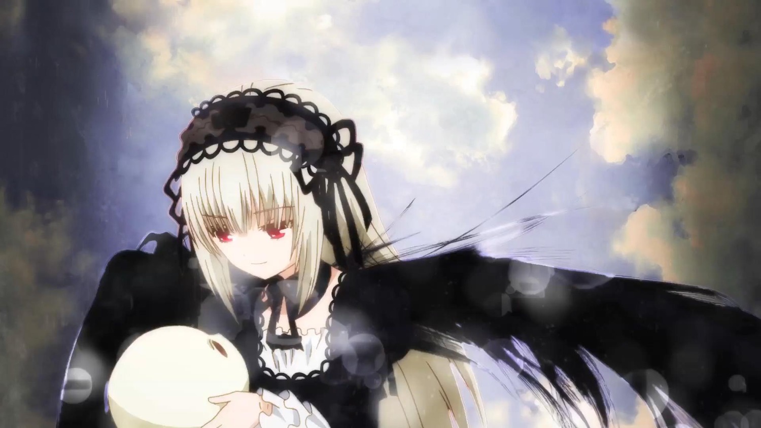 1girl auto_tagged bangs black_ribbon black_wings cloud cloudy_sky detached_collar dress frills hairband image long_hair long_sleeves looking_at_viewer outdoors red_eyes ribbon silver_hair sky smile solo suigintou very_long_hair wings