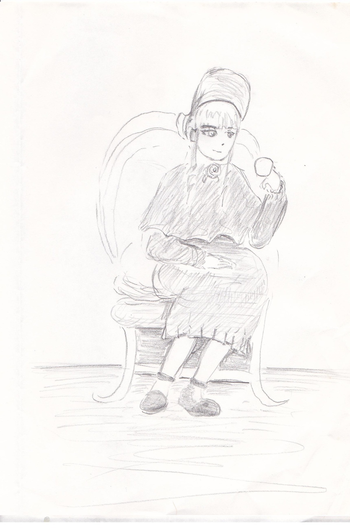 1girl bangs cup full_body hat image long_sleeves monochrome shinku shoes sitting smile socks solo