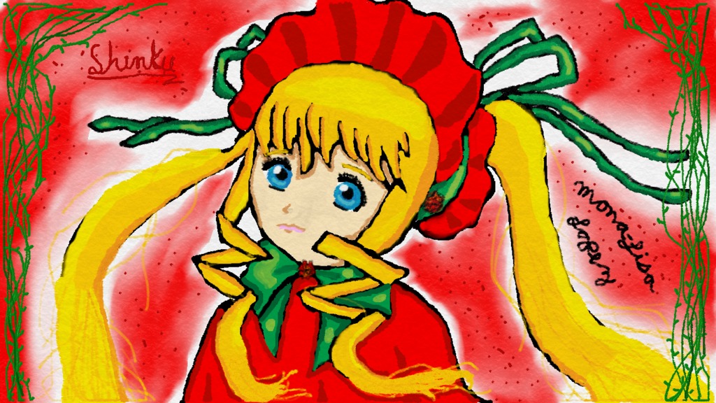 1990s_(style) 1girl blonde_hair blue_eyes bonnet bow dress drill_hair flower image long_hair long_sleeves looking_at_viewer rose shinku solo twin_drills upper_body