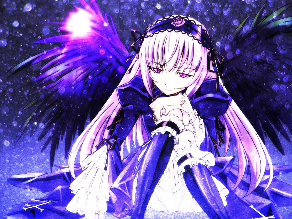 1girl black_wings detached_collar dress feathered_wings flower frilled_sleeves frills hairband image lolita_hairband long_hair long_sleeves looking_at_viewer ribbon rose solo suigintou very_long_hair wings