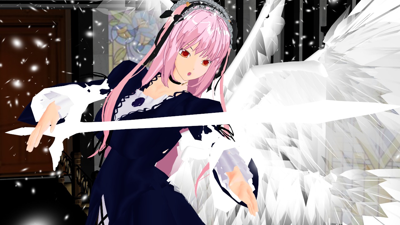 1girl bangs black_dress choker dress flower frills hairband image lolita_hairband long_hair long_sleeves outstretched_arm pink_hair red_eyes ribbon snowing solo suigintou weapon wide_sleeves wings