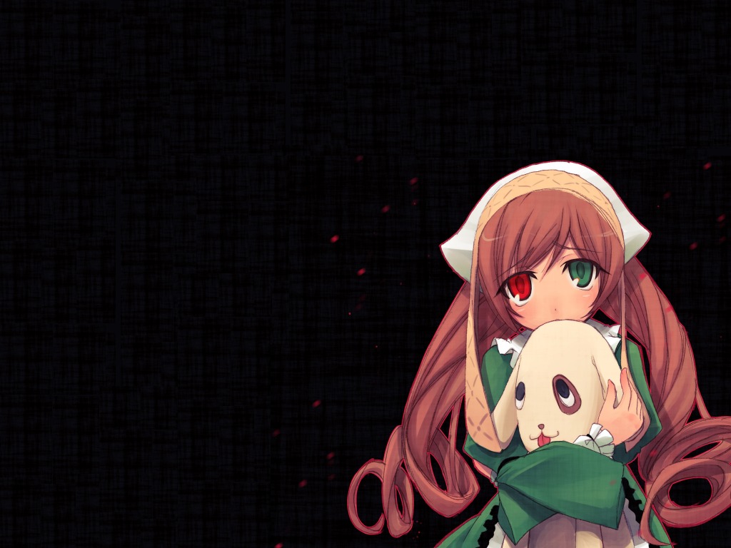 1girl black_background brown_hair dress green_dress green_eyes heterochromia holding image long_hair long_sleeves looking_at_viewer red_eyes simple_background solo suiseiseki very_long_hair