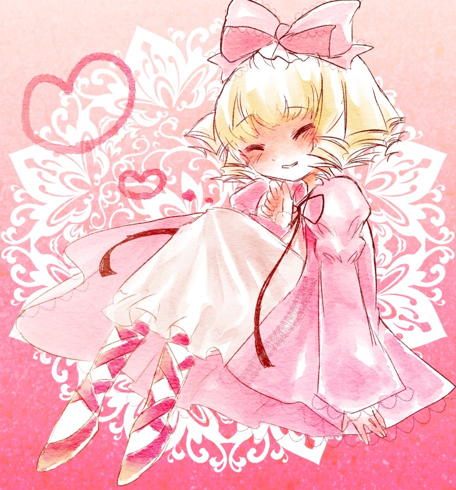 1girl blonde_hair blush bow closed_eyes dress heart hinaichigo image long_sleeves medicine_melancholy puffy_sleeves ribbon short_hair smile solo