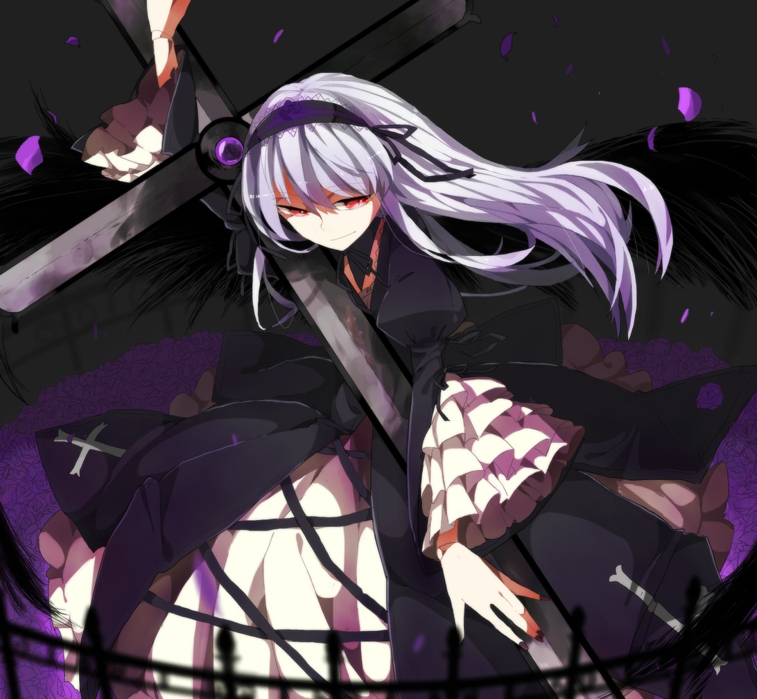 1girl bad_id bad_pixiv_id black_wings cross doll_joints dress flower frilled_sleeves frills gothic_lolita hairband image joints lolita_fashion lolita_hairband long_hair long_sleeves mikan_0209 petals puffy_sleeves red_eyes rose rozen_maiden silver_hair solo suigintou weapon wide_sleeves wings