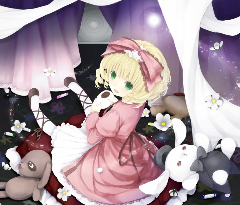 1girl blonde_hair bow bunny curtains dress flower green_eyes hina_ichigo hinaichigo image pantyhose pink_dress ribbon shoes short_hair solo stuffed_animal stuffed_bunny teddy_bear white_flower