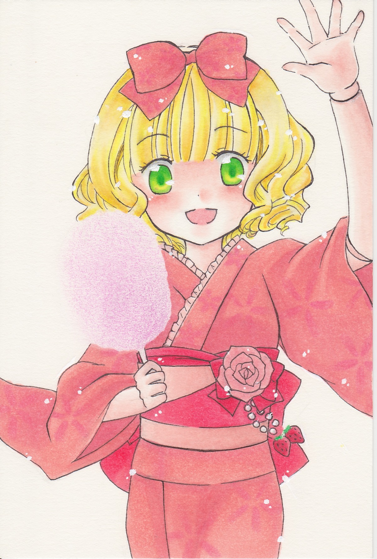 1girl blonde_hair bow floral_print flower green_eyes hair_bow hinaichigo image japanese_clothes kimono looking_at_viewer marker_(medium) obi open_mouth pink_bow rose sash short_hair smile solo traditional_media wide_sleeves