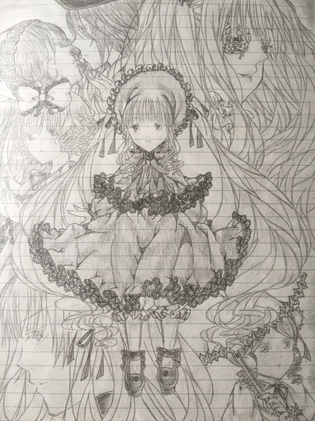 bonnet bow dress flower frills greyscale hairband hina_ichigo image long_hair looking_at_viewer monochrome multiple multiple_girls shinku siblings sisters sketch suigintou suiseiseki tagme twins twintails very_long_hair