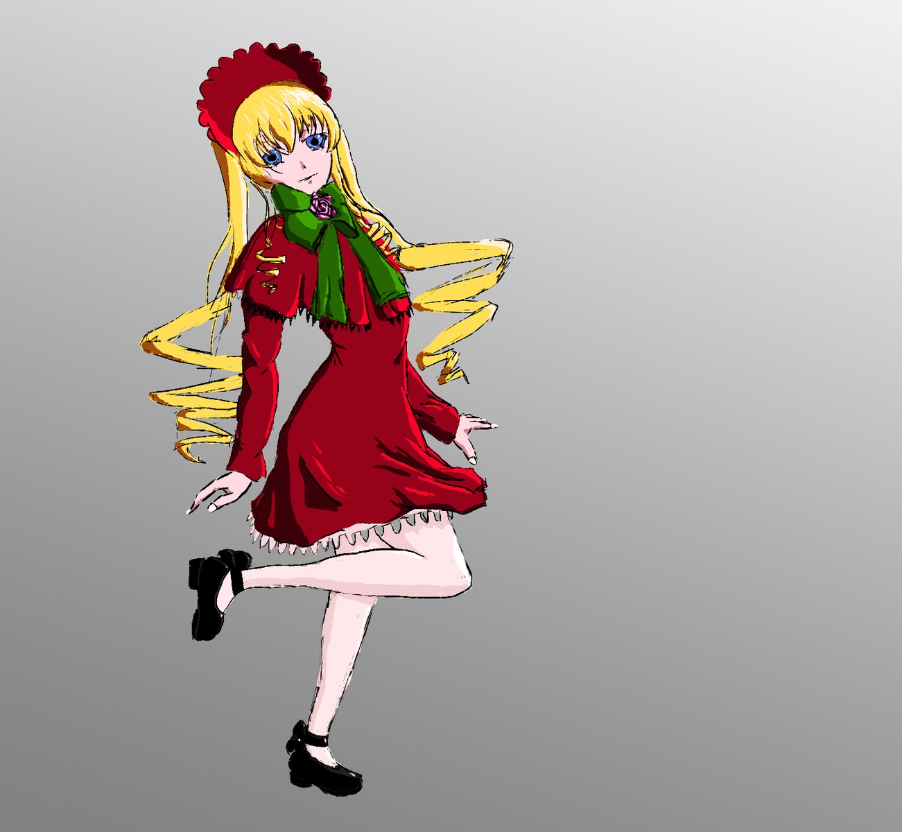 1girl black_footwear blonde_hair blue_eyes bonnet bow bowtie capelet dress drill_hair full_body green_bow grey_background image long_hair long_sleeves looking_at_viewer pantyhose red_dress shinku shoes simple_background solo standing