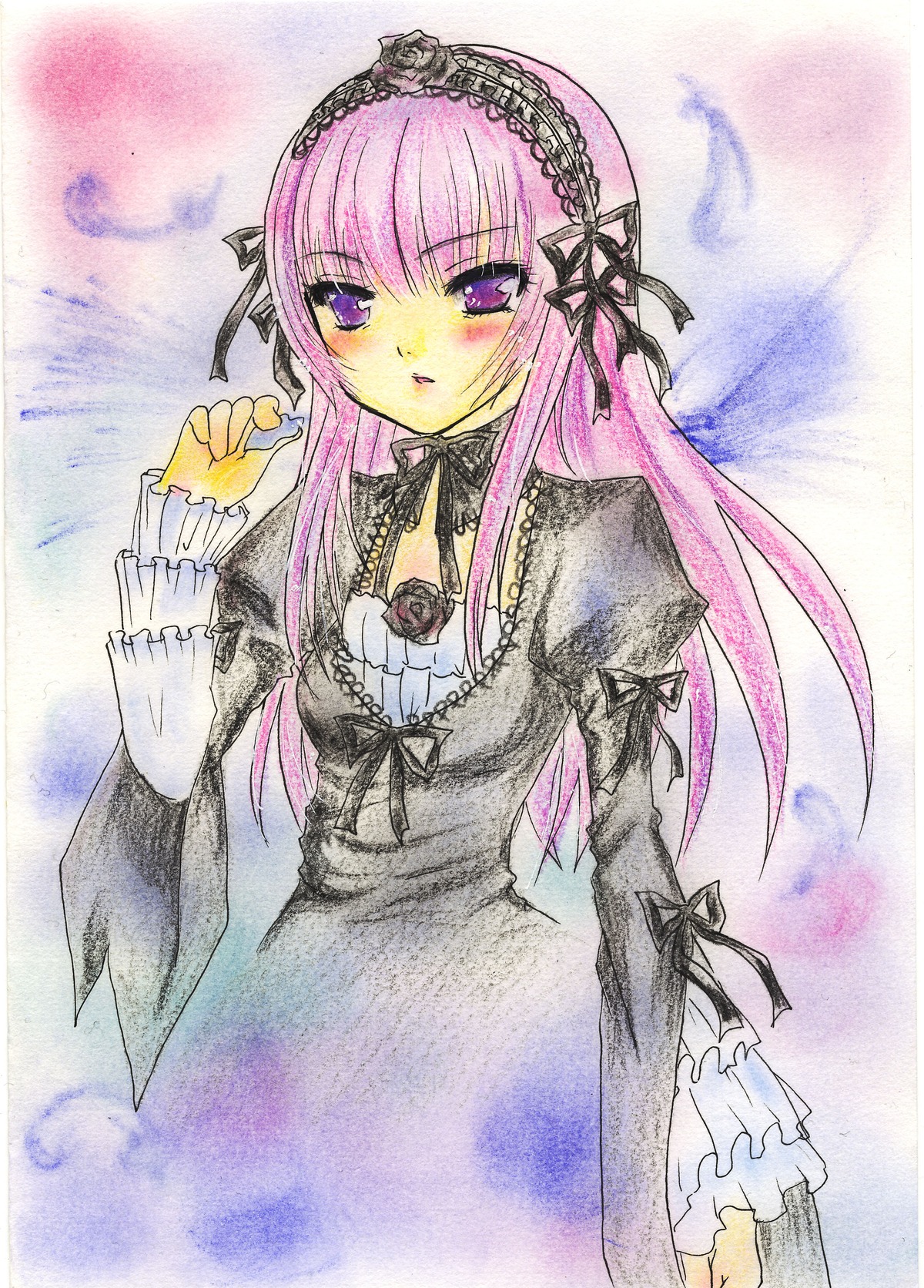 1girl black_ribbon blush colored_pencil_(medium) dress frills hairband image lolita_fashion lolita_hairband long_hair long_sleeves looking_at_viewer marker_(medium) purple_eyes ribbon solo suigintou traditional_media watercolor_(medium)