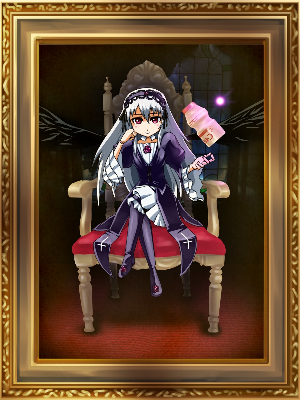 1girl dress frills hairband image long_hair long_sleeves looking_at_viewer purple_eyes silver_hair sitting solo suigintou