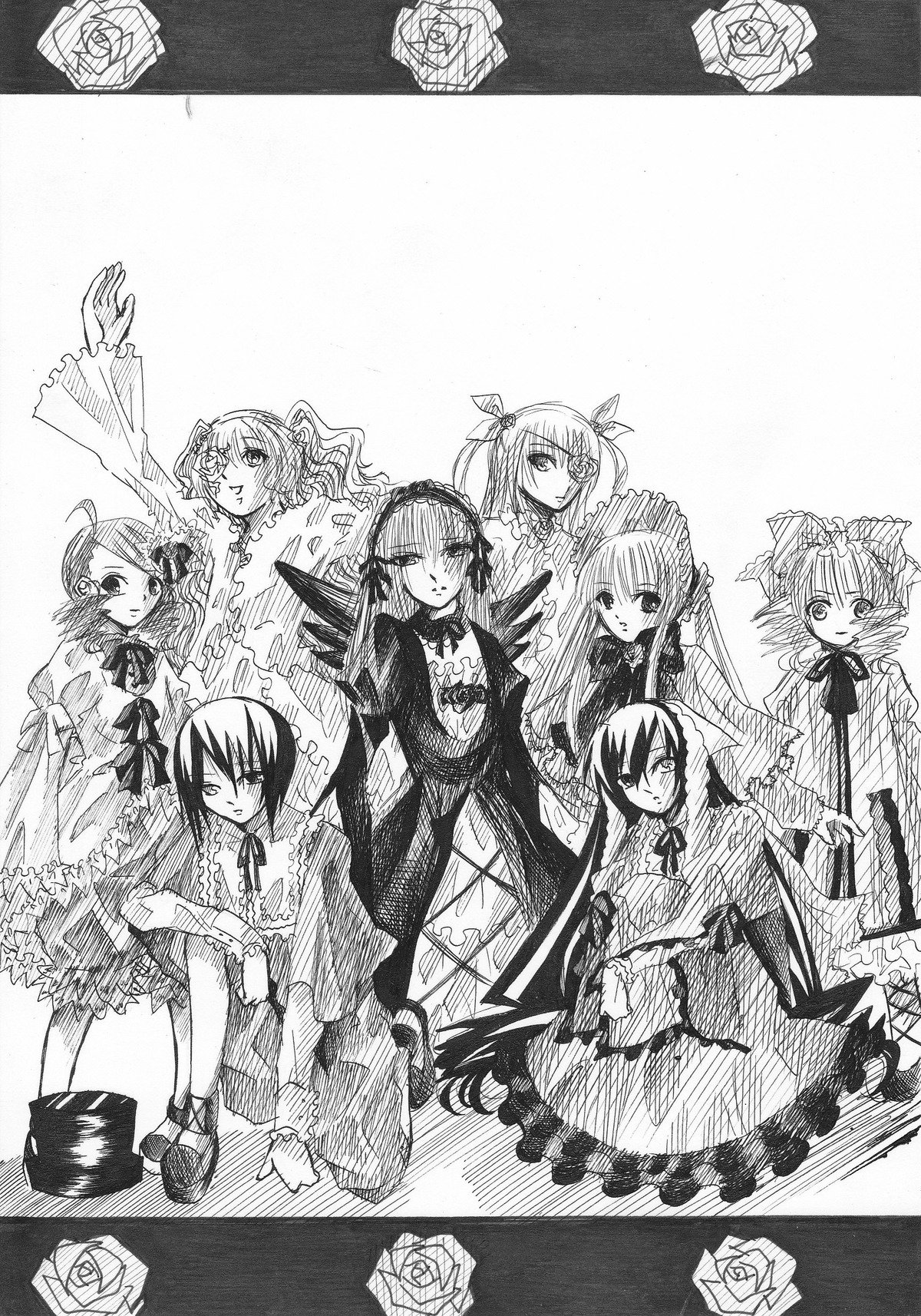6+girls akemi_homura black_flower black_rose blue_rose bouquet bow dress drill_hair flower greyscale hairband holding_flower image kaname_madoka long_hair monochrome multiple multiple_girls pink_rose purple_rose red_rose rose short_hair short_twintails spoken_squiggle suigintou tagme thorns traditional_media twin_drills twintails two_side_up white_flower white_rose yellow_rose