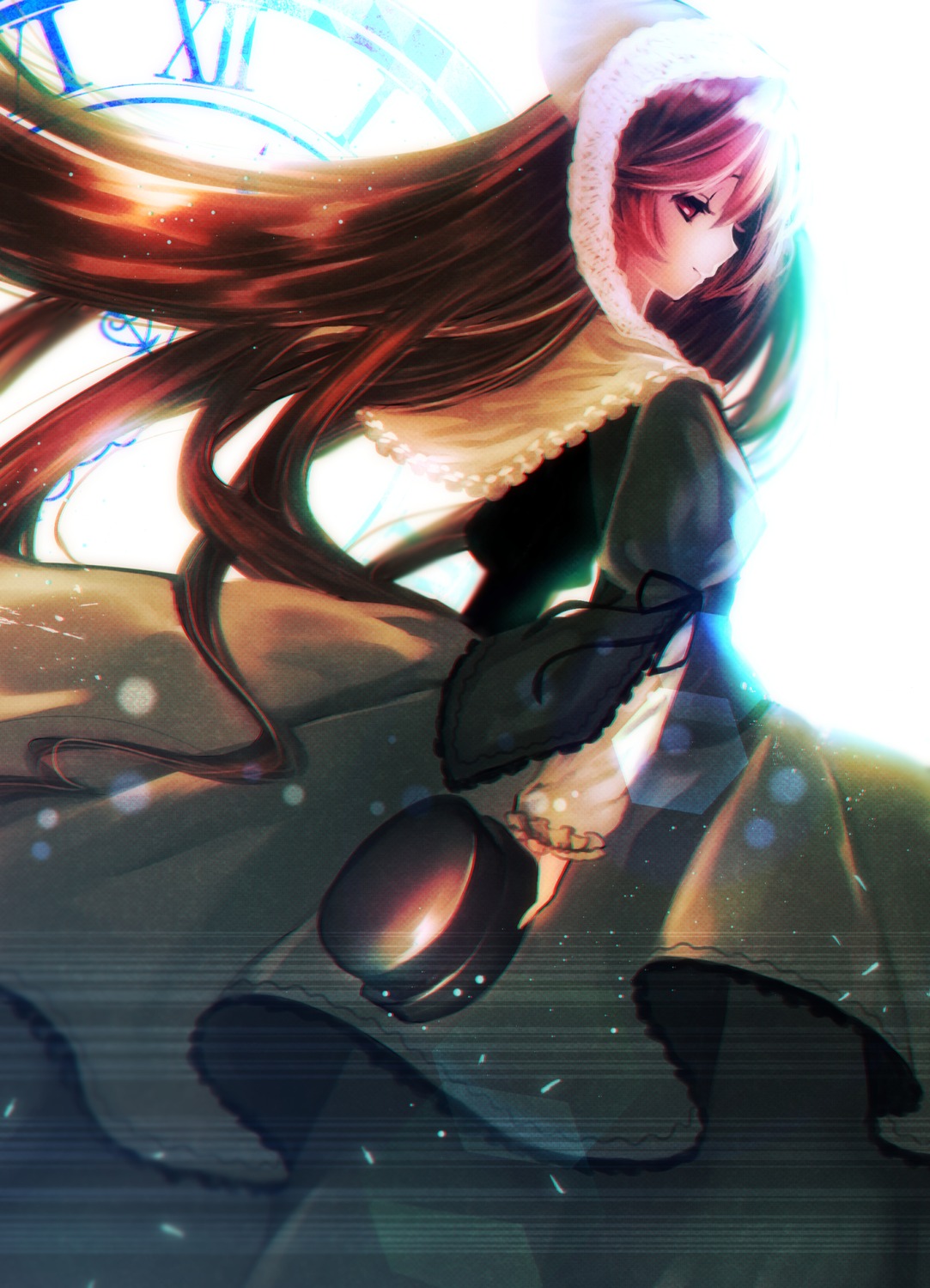 1girl bad_id bad_pixiv_id black_dress black_headwear brown_hair chromatic_aberration clock closed_mouth doll dress expressionless from_side green_dress hair_between_eyes hat hat_removed head_scarf headwear_removed highres holding holding_clothes holding_hat image lens_flare long_hair long_sleeves looking_at_viewer looking_back lushuao profile red_eyes roman_numeral rozen_maiden solo souseiseki suiseiseki very_long_hair white_background