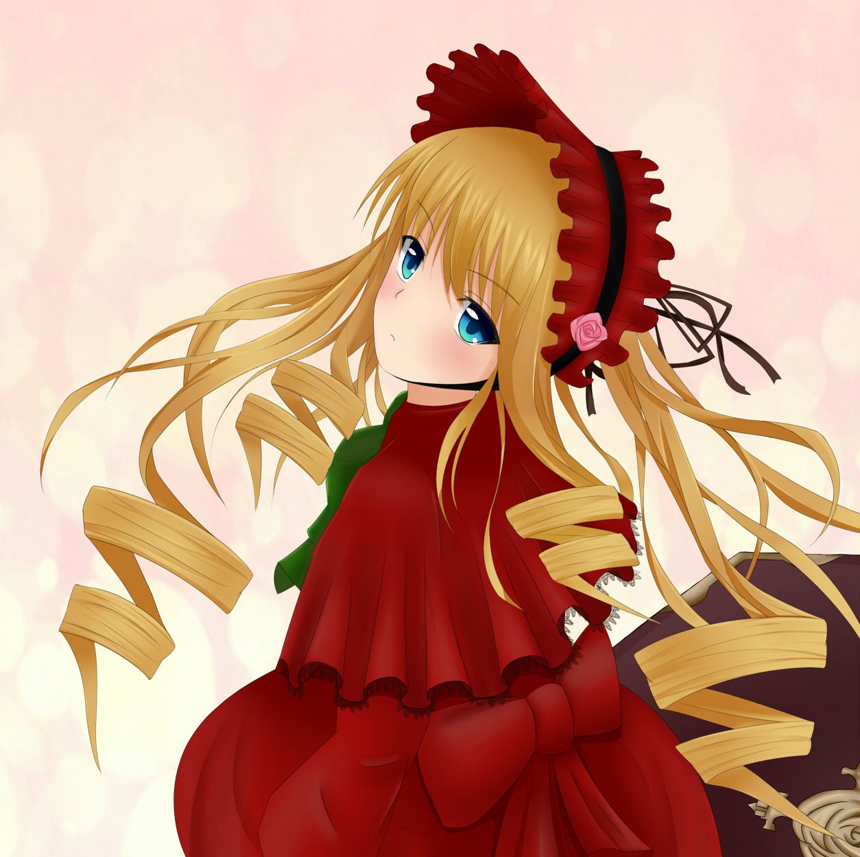 1girl auto_tagged blonde_hair blue_eyes blush bonnet bow capelet dress drill_hair flower image long_hair long_sleeves looking_at_viewer looking_back shinku solo twin_drills twintails