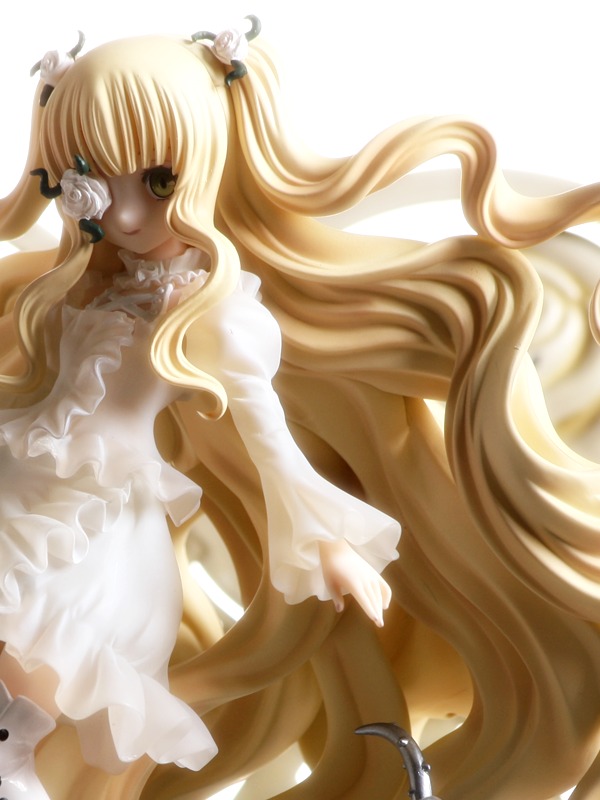 1girl bangs blonde_hair doll dress eyepatch flower frills hair_ornament kirakishou long_hair long_sleeves rose solo striped two_side_up very_long_hair wavy_hair white_dress