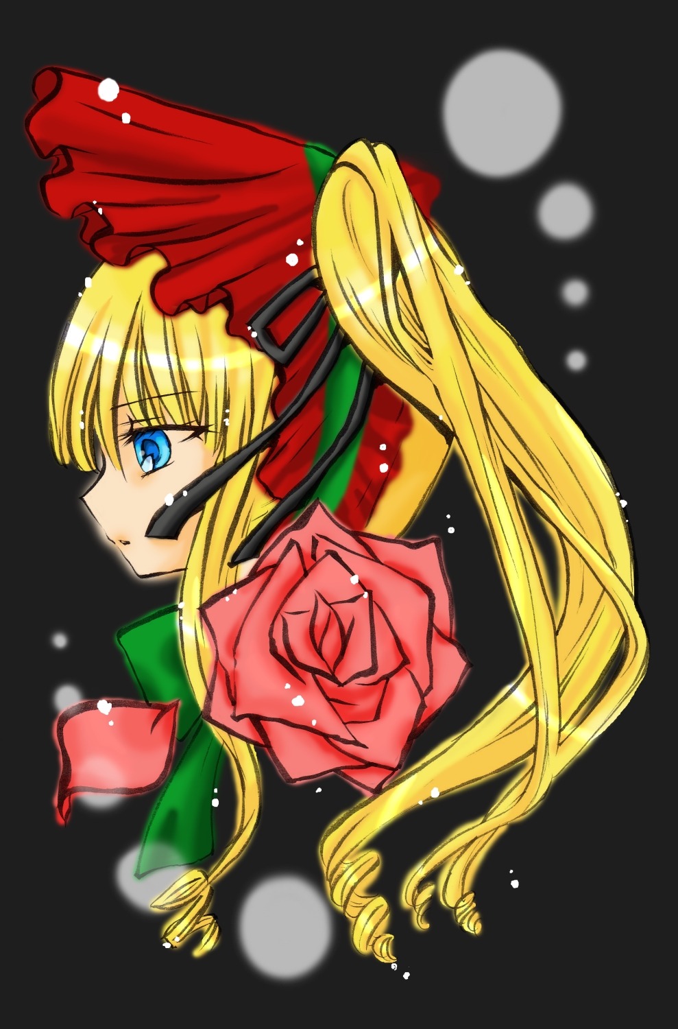 1girl blonde_hair blue_eyes bonnet bow flower image long_hair pink_flower pink_rose portrait profile red_flower red_rose rose shinku simple_background solo twintails