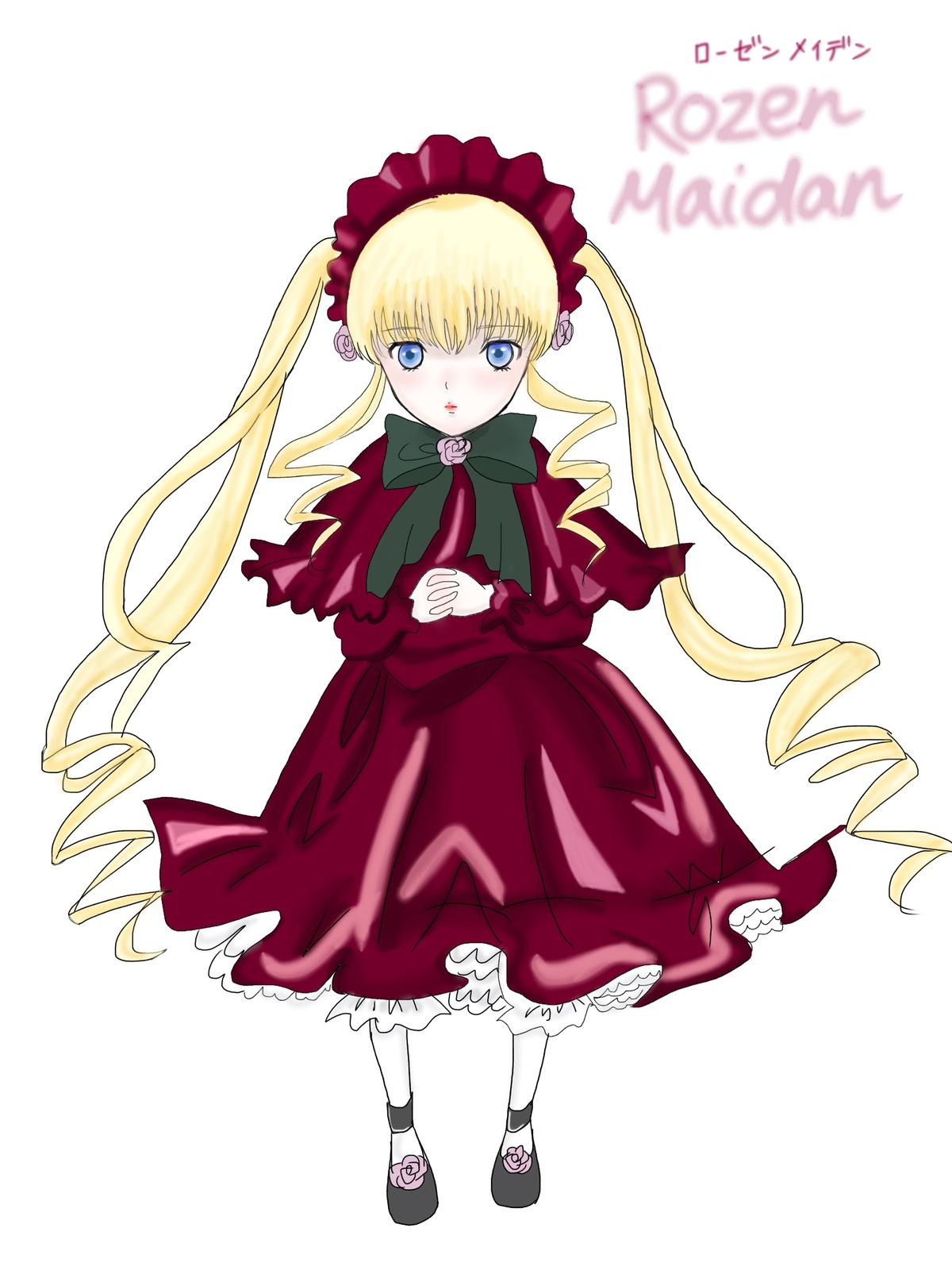 1girl blonde_hair blue_eyes blush bonnet bow bowtie dress drill_hair flower full_body image long_hair long_sleeves looking_at_viewer open_mouth red_dress rose shinku shoes solo standing twintails