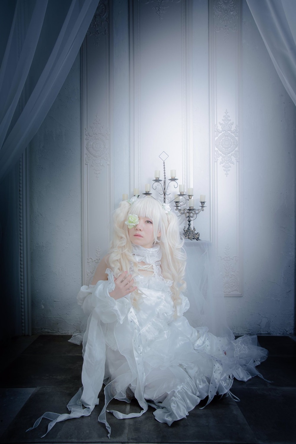1girl blonde_hair curtains dress flower indoors kirakishou long_hair sitting solo white_dress white_hair white_theme window