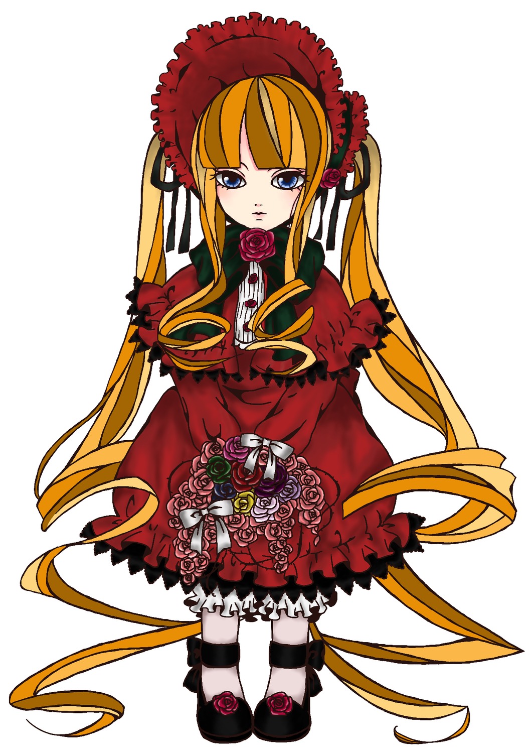 1girl bangs blonde_hair blue_eyes bonnet bow bowtie dress flower full_body green_bow image long_hair long_sleeves looking_at_viewer red_dress red_flower rose shinku simple_background solo standing twintails very_long_hair white_background