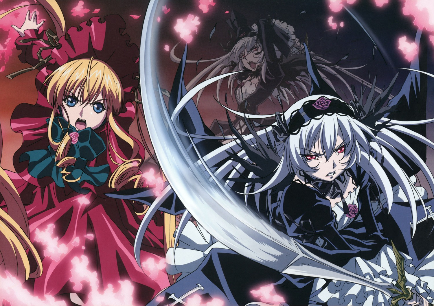 2girls 3girls absurdres angry artist_request battle black_wings blonde_hair blue_eyes doll dress feathered_wings flower gothic_lolita hairband highres image lolita_fashion lolita_hairband long_hair long_sleeves multiple_girls official_art open_mouth pair petals pink_eyes red_dress red_eyes rose rozen_maiden scan shinku silver_hair suigintou sword weapon wings
