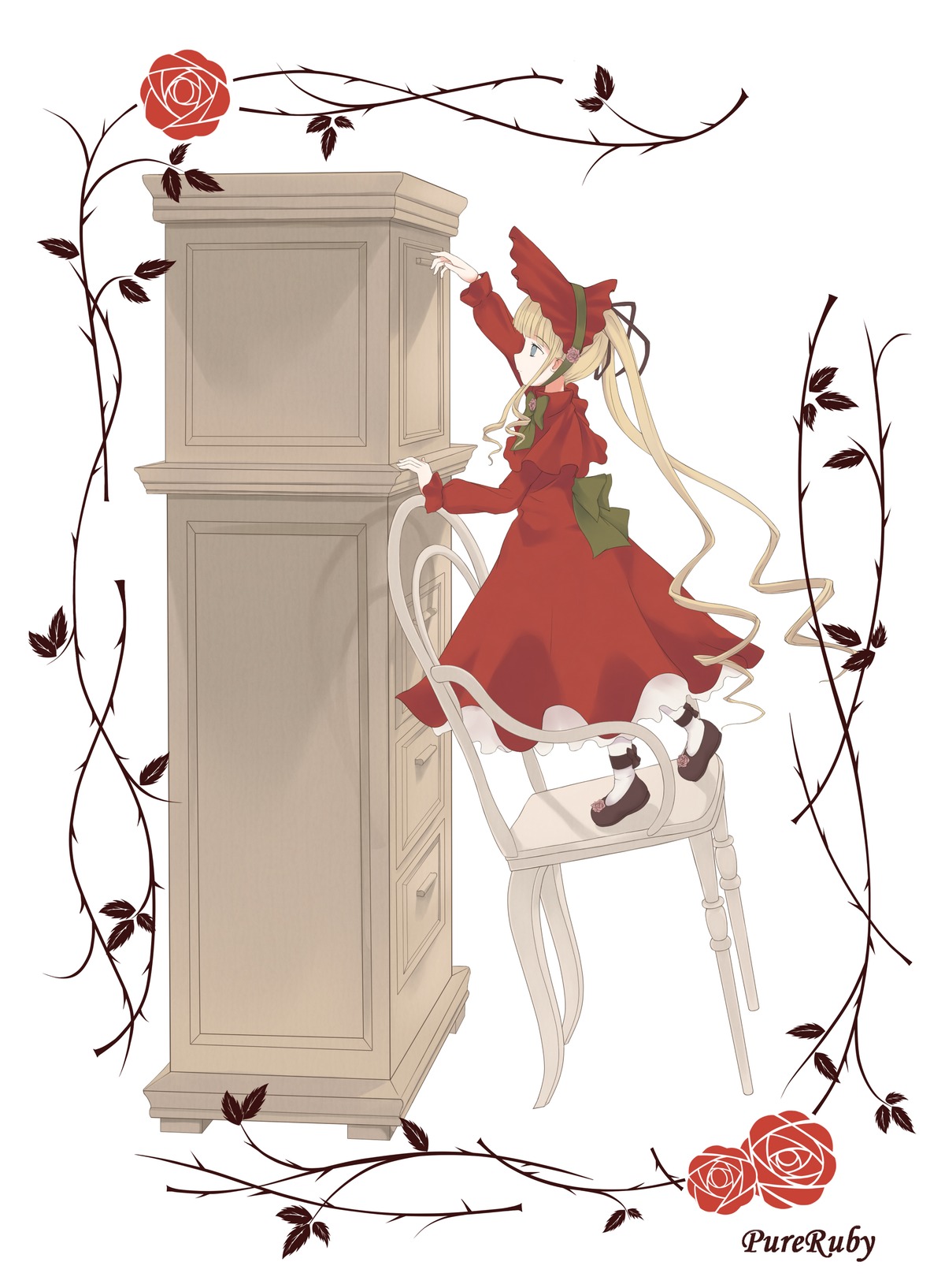 1girl blonde_hair bug butterfly dress eighth_note flower image insect long_hair long_sleeves musical_note pink_rose red_dress red_flower red_rose ribbon rose shinku shoes solo tail thorns white_legwear