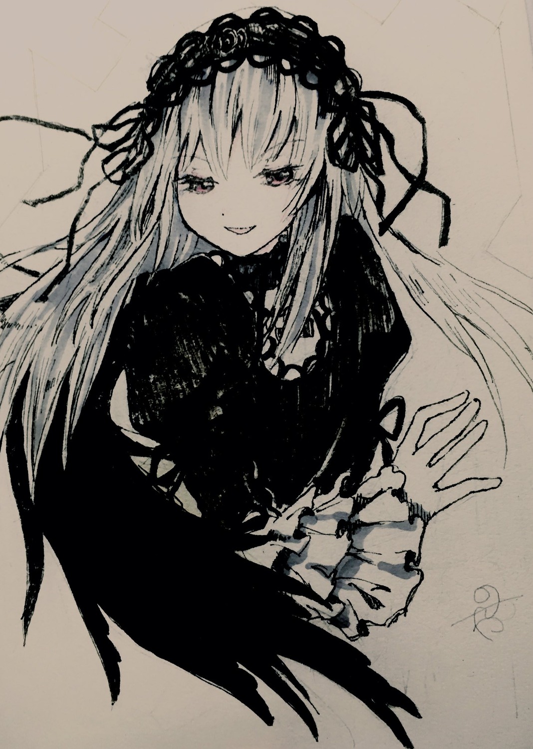 1girl bangs closed_mouth dress eyebrows_visible_through_hair frilled_sleeves frills hairband image long_hair long_sleeves looking_at_viewer monochrome parted_lips smile solo suigintou traditional_media very_long_hair wide_sleeves wings