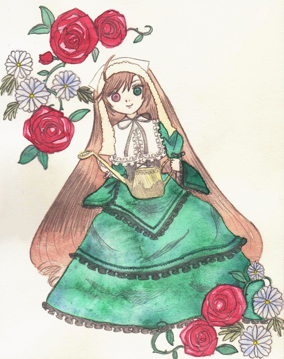 1girl brown_hair dress flower frills green_dress green_eyes heterochromia image long_hair long_sleeves looking_at_viewer pink_flower pink_rose red_eyes red_flower red_rose rose solo suiseiseki traditional_media twin_drills twintails very_long_hair watering_can yellow_rose