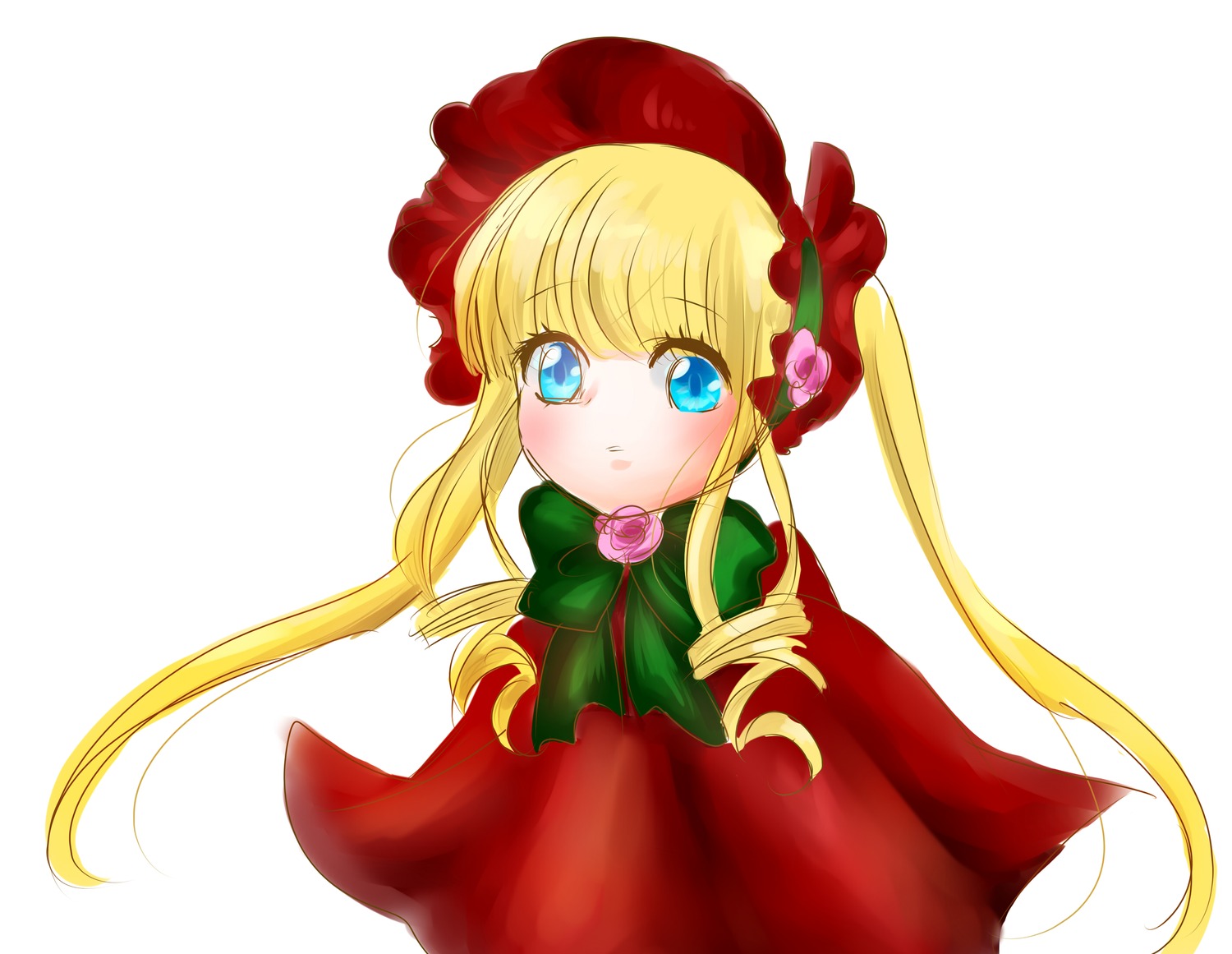 1girl bangs blonde_hair blue_eyes blush bonnet bow bowtie capelet dress flower green_bow green_neckwear image long_hair long_sleeves looking_at_viewer pink_flower pink_rose red_dress rose shinku sidelocks simple_background solo twintails upper_body white_background
