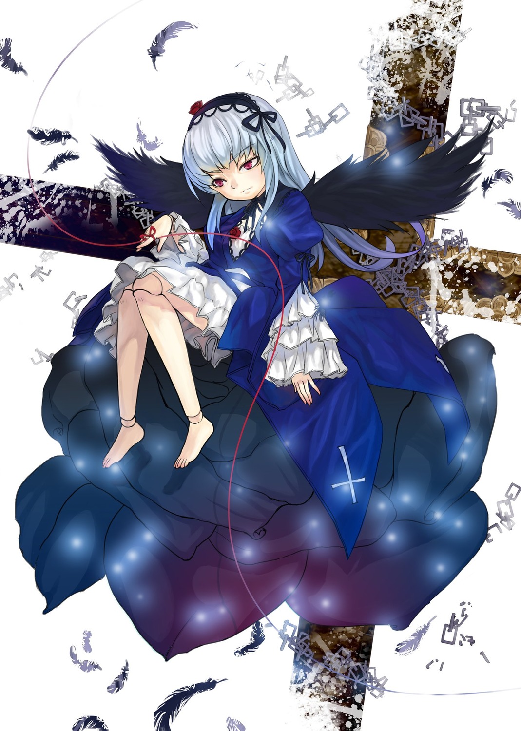 1girl barefoot bird black_feathers black_wings doll_joints dress feathered_wings feathers frilled_sleeves frills hairband image joints long_hair long_sleeves red_eyes ribbon silver_hair sitting smile solo suigintou wings