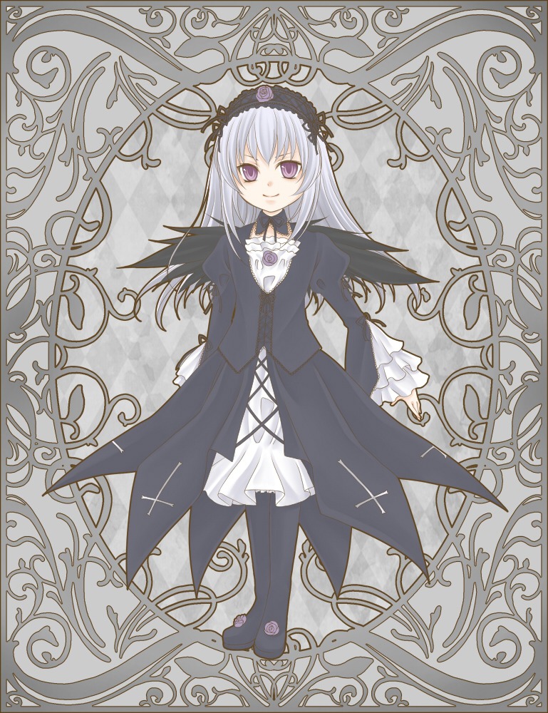 1girl black_dress boots dress flower frills full_body hairband image long_hair long_sleeves looking_at_viewer pantyhose purple_eyes rose silver_hair smile solo standing suigintou wings