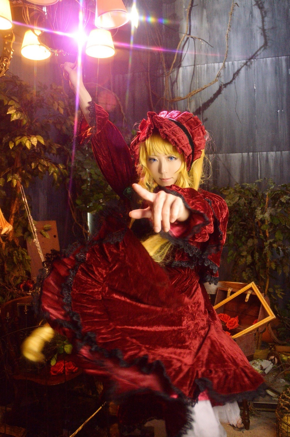 1girl blonde_hair blue_eyes dress flower frills lens_flare outstretched_arm outstretched_hand pointing rain red_dress rose shinku solo