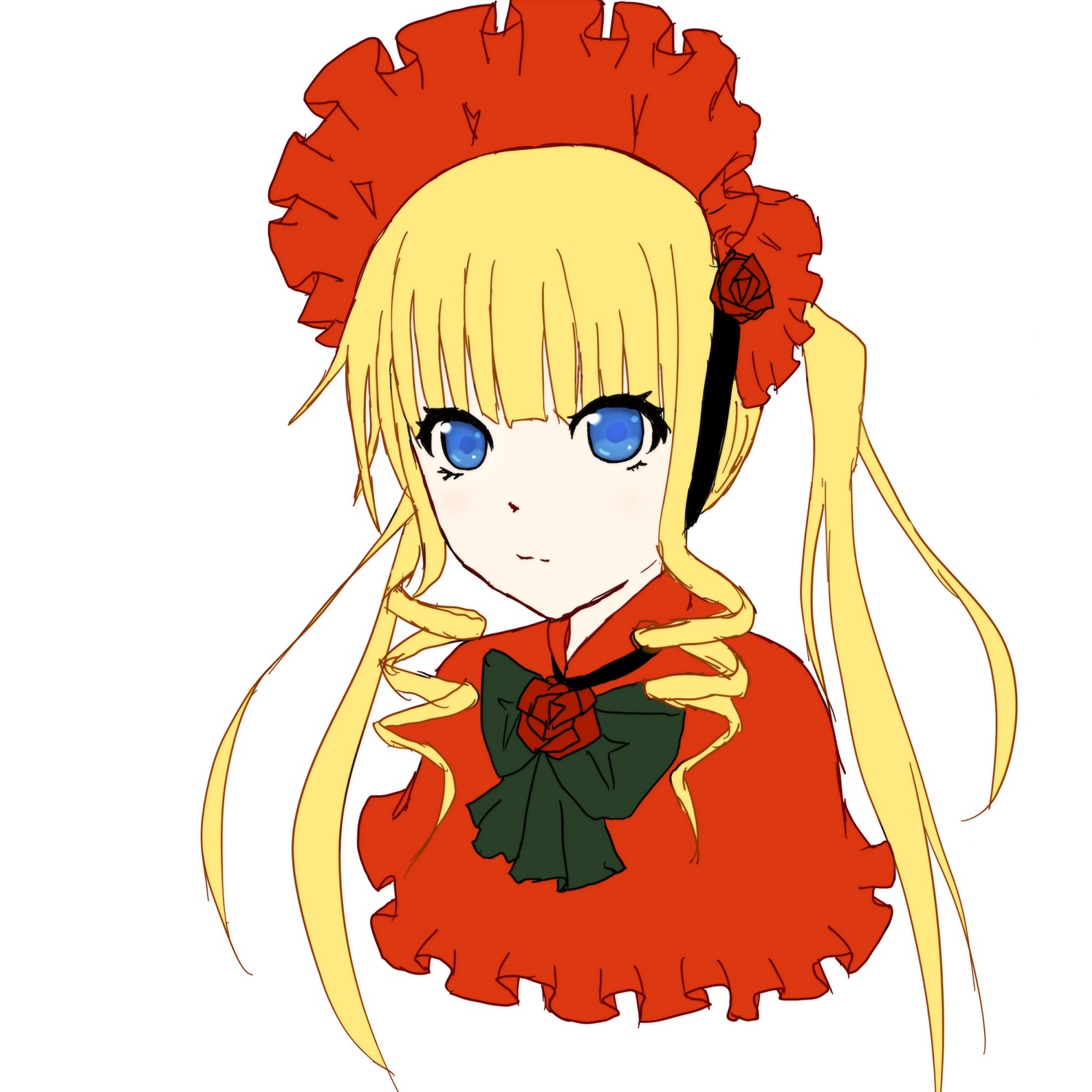 1girl auto_tagged bangs blonde_hair blue_eyes blush bonnet bow bowtie dress flower image long_hair looking_at_viewer red_flower red_rose rose shinku sidelocks simple_background solo twintails white_background