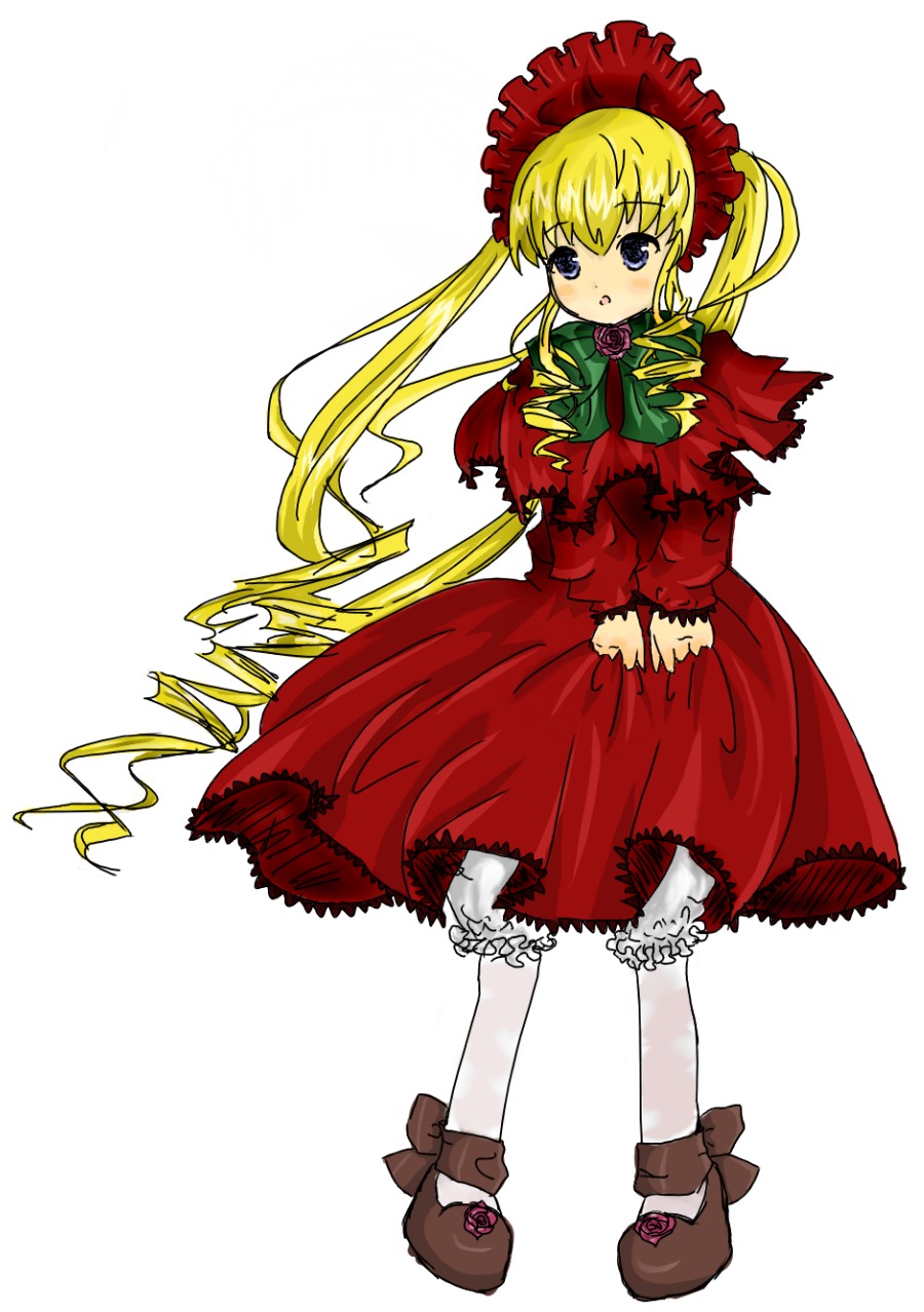 1girl blonde_hair bloomers blue_eyes blush bonnet bow bowtie dress flower full_body image long_hair long_sleeves looking_at_viewer red_dress rose shinku shoes simple_background solo standing twintails underwear white_background white_bloomers