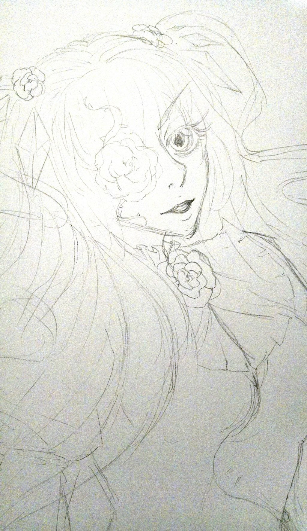 1girl eyepatch flower image kirakishou long_hair looking_at_viewer monochrome rose sketch solo traditional_media