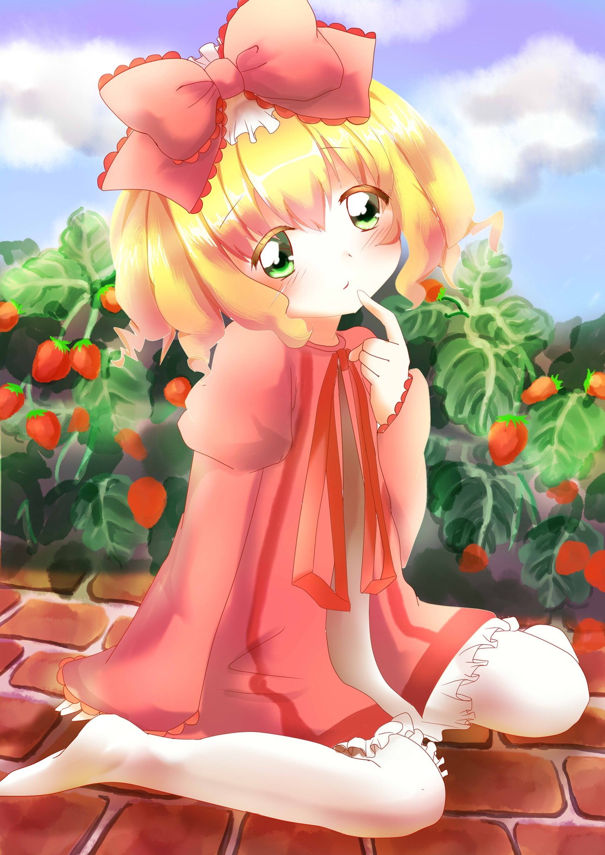 1girl apple blonde_hair blush bow day finger_to_mouth food fruit grapes green_eyes hair_bow hina_ichigo hinaichigo image object_namesake short_hair sitting sky solo strawberry wariza white_legwear