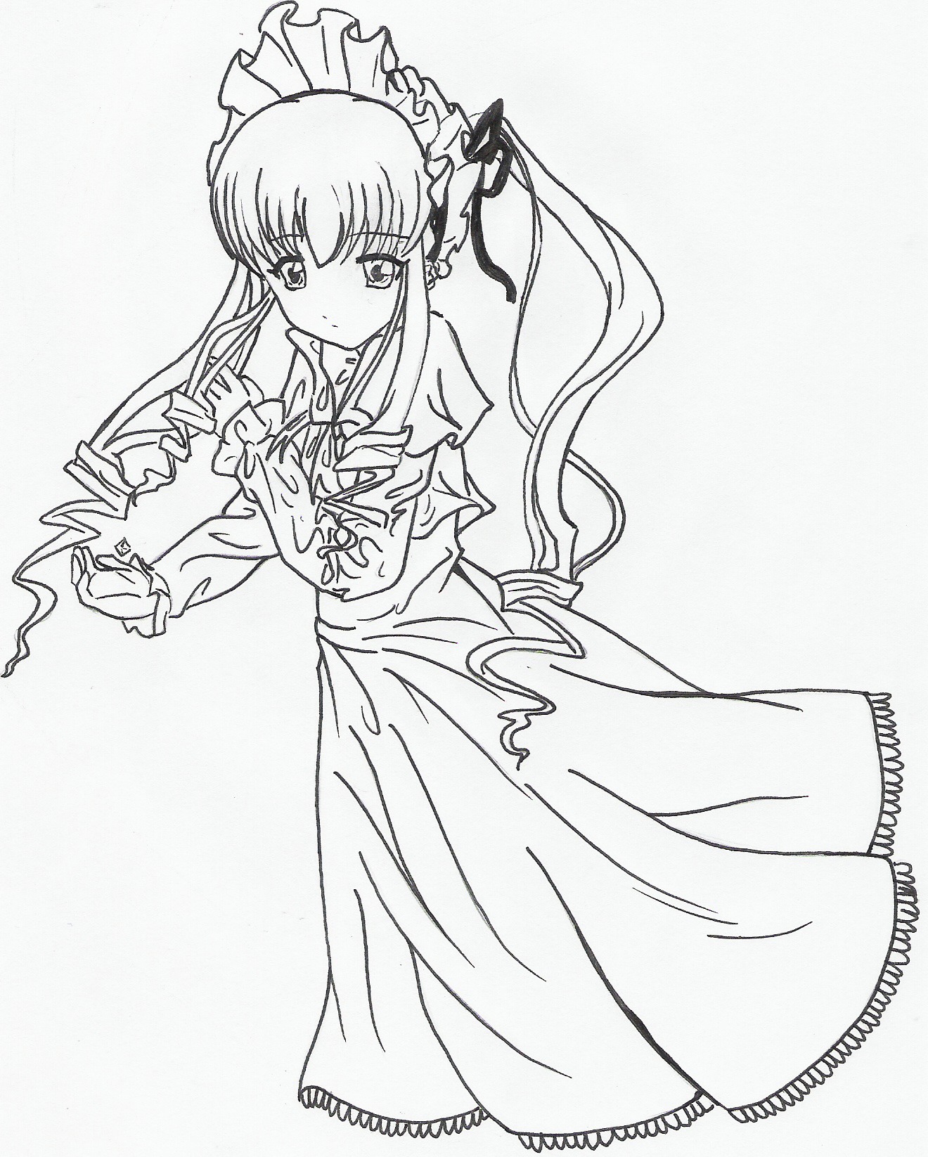 1girl bowtie dress frills full_body greyscale image long_dress long_hair long_sleeves looking_at_viewer monochrome ribbon shinku sidelocks simple_background solo standing white_background