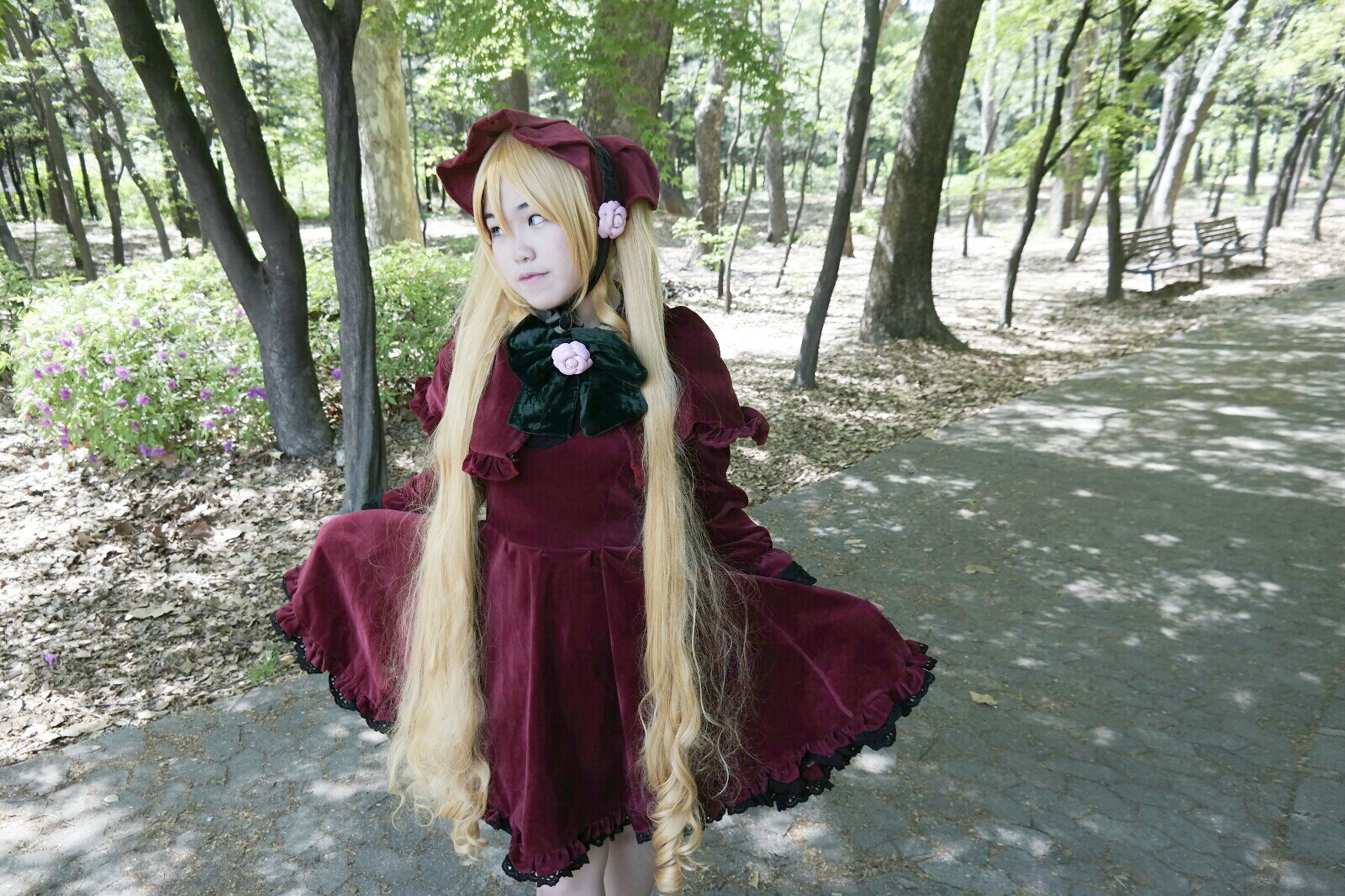 1girl blonde_hair blue_eyes bonnet bow dress flower forest long_hair long_sleeves nature outdoors red_dress shinku solo standing tree very_long_hair