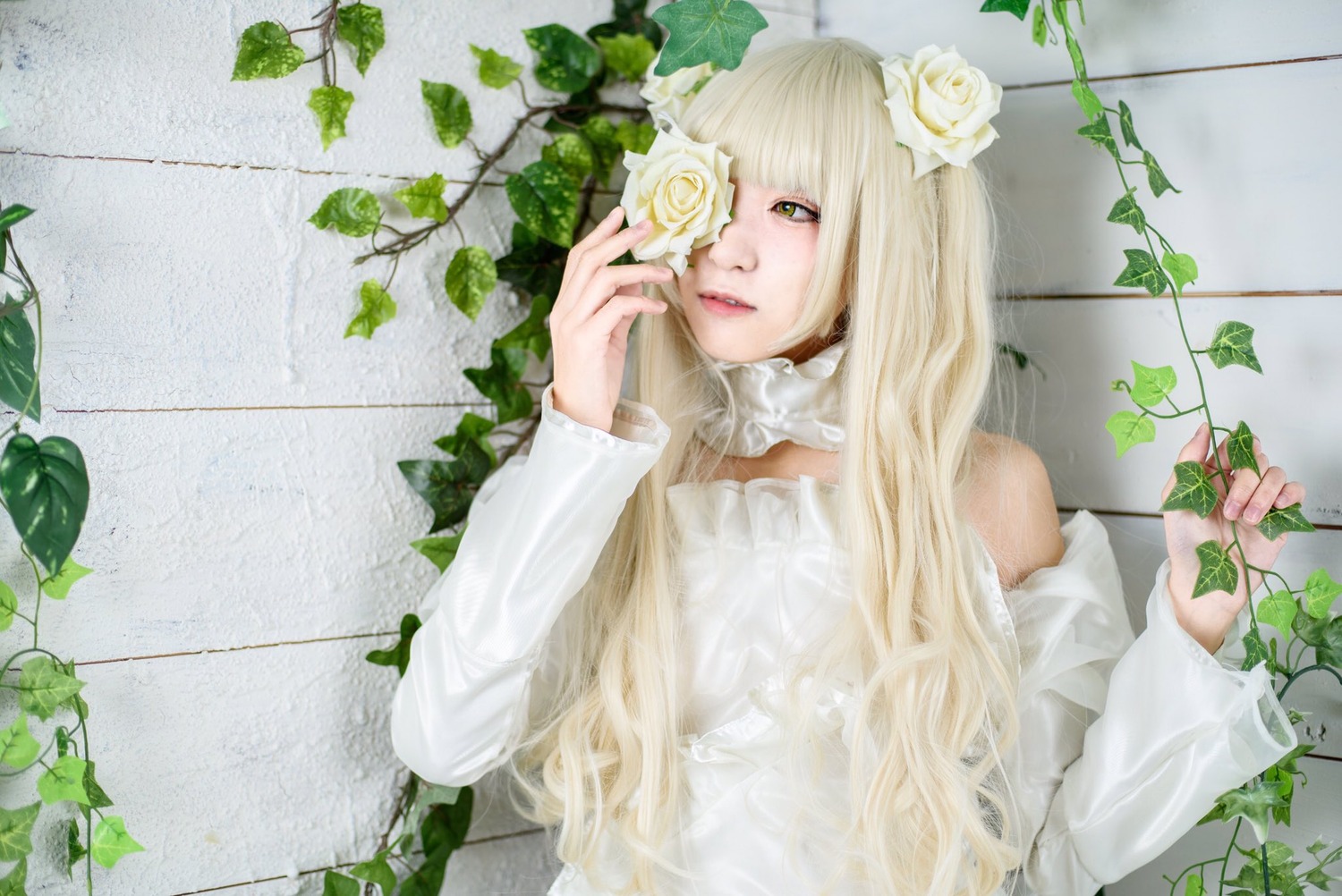 1girl bangs blonde_hair dress flower kirakishou leaf lips long_hair plant rose solo thorns very_long_hair vines white_flower white_rose