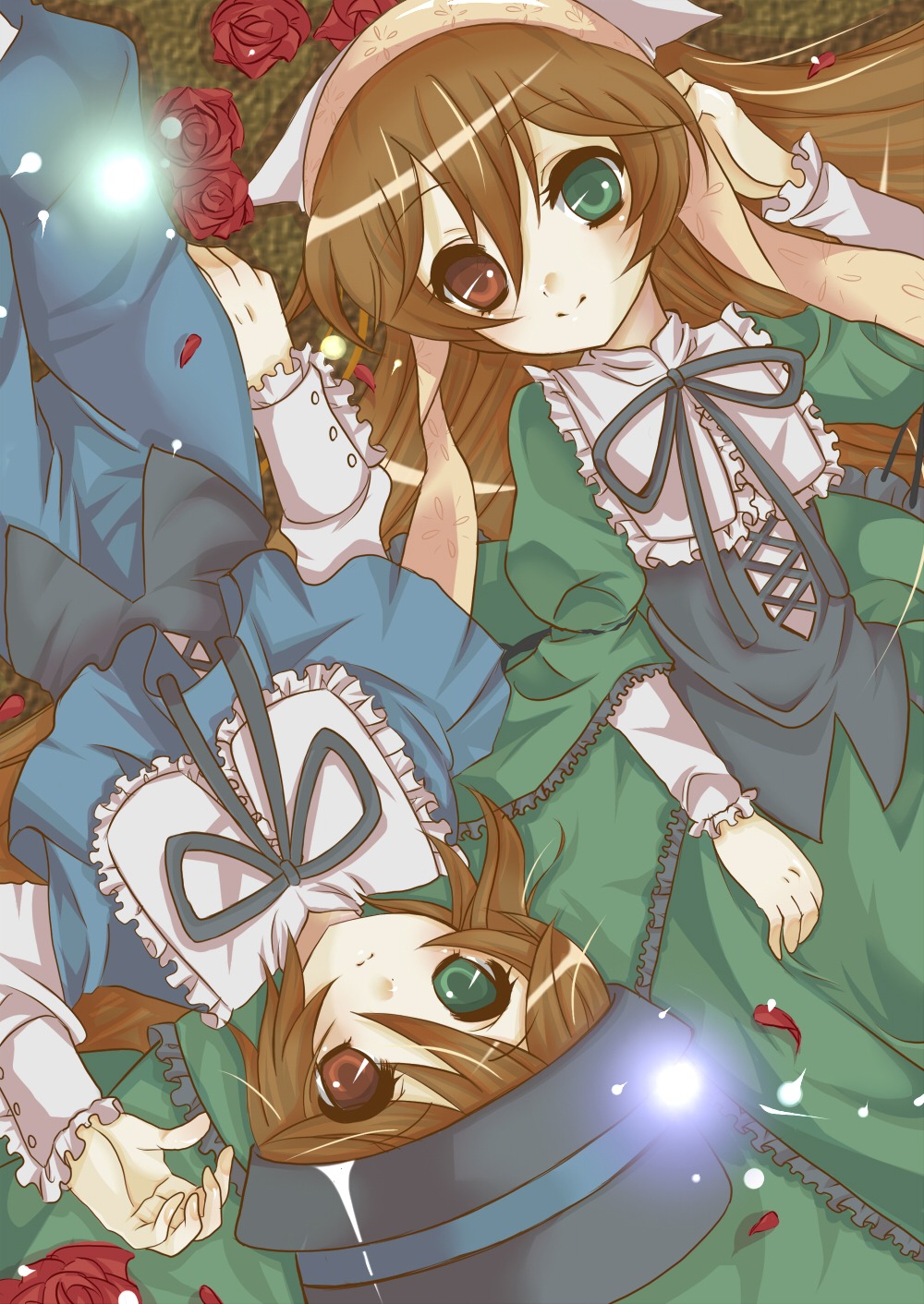 2girls brown_hair dress flower frills green_dress green_eyes hat head_scarf heterochromia image long_hair long_sleeves looking_at_viewer multiple_girls pair petals red_eyes red_flower red_rose rose rose_petals short_hair siblings sisters souseiseki suiseiseki twins