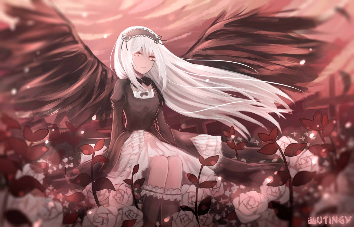 1girl bangs black_dress blurry blurry_foreground breasts closed_mouth depth_of_field dress eyebrows_visible_through_hair flower frills hair_between_eyes hairband image long_hair long_sleeves looking_at_viewer petals red_eyes red_flower rose sitting solo suigintou very_long_hair white_flower white_hair white_rose wings