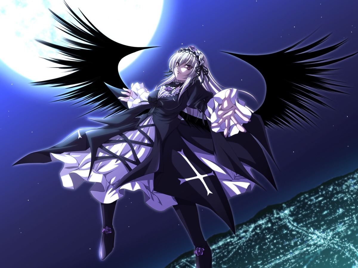 1girl black_dress black_wings breasts chozuru city commentary_request dress flower frills full_moon gothic_lolita hairband highres image lolita_hairband long_hair long_sleeves md5_mismatch medium_breasts moon night photoshop_(medium) purple_eyes red_eyes resolution_mismatch rose rozen_maiden silver_hair sky solo source_smaller star_(symbol) suigintou wings
