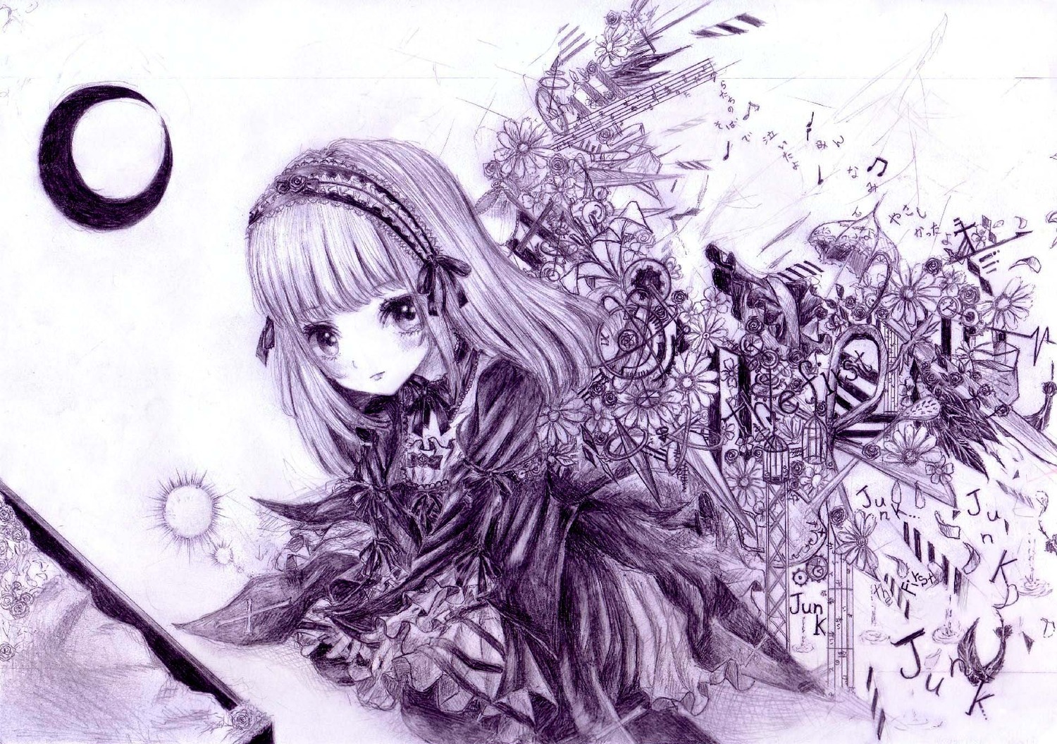 1girl dress flower frills hairband image lolita_fashion long_hair looking_at_viewer monochrome moon solo suigintou traditional_media