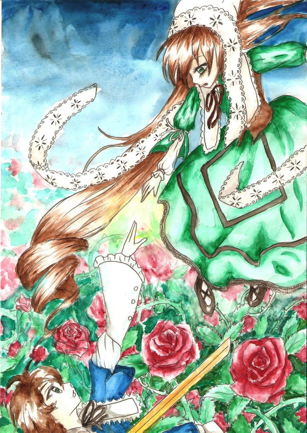 auto_tagged brown_hair dress drill_hair flower frills green_dress green_eyes hat image long_hair long_sleeves pair pink_rose red_flower red_rose ribbon rose rose_petals shinku souseiseki suiseiseki thorns traditional_media very_long_hair