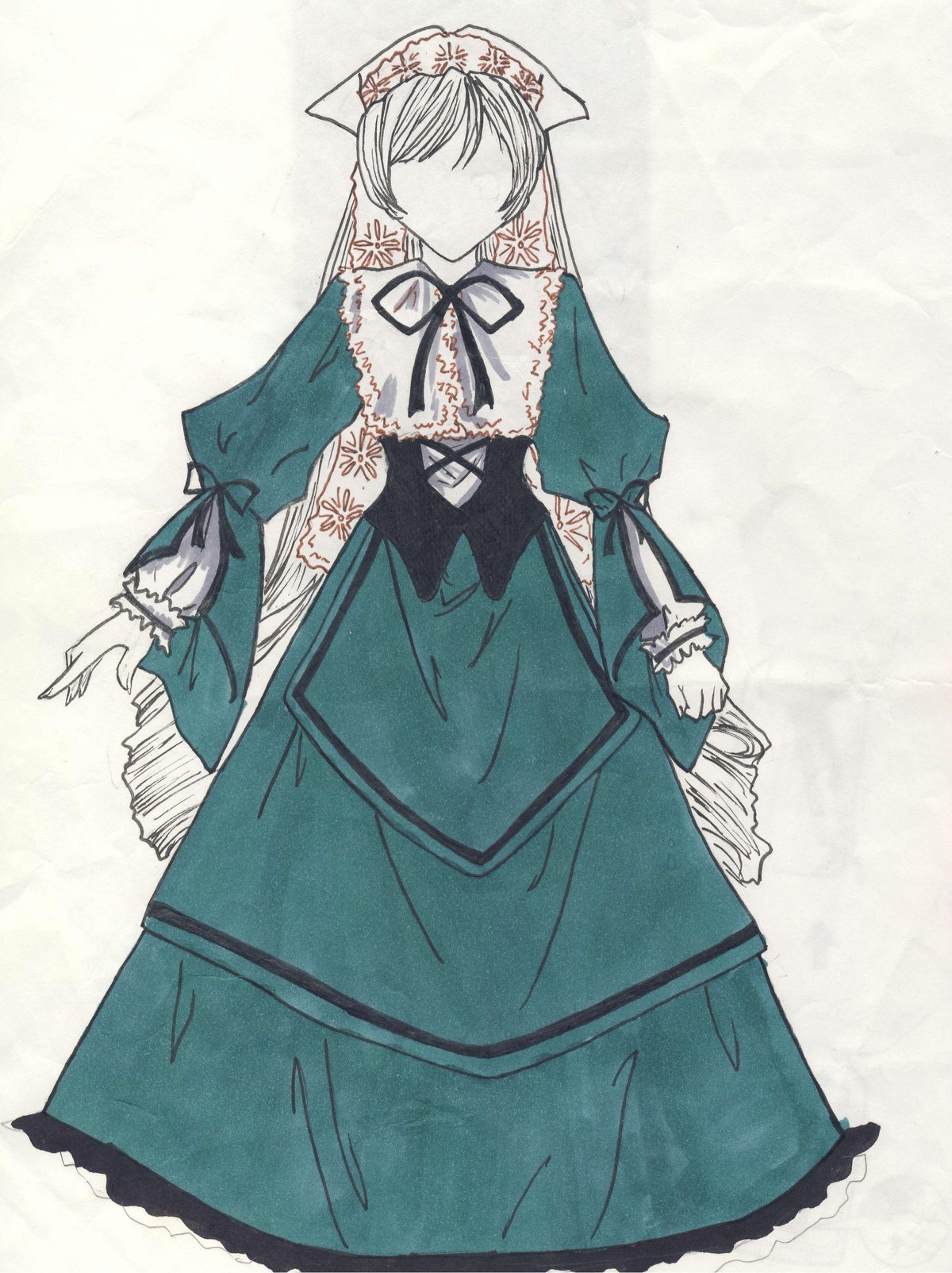 1girl blue_dress brown_hair dress frills green_dress image long_hair long_sleeves ribbon simple_background solo standing suiseiseki very_long_hair