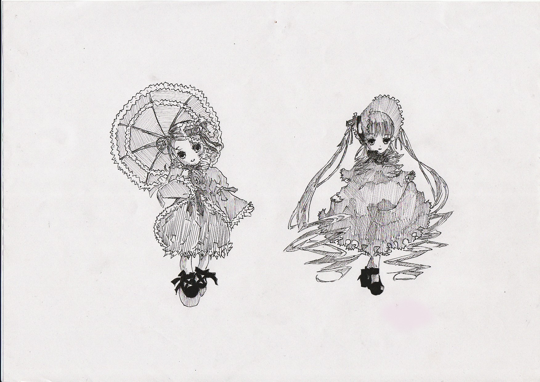 2girls bonnet bow dress drill_hair frills full_body gothic_lolita greyscale holding holding_umbrella image kanaria lolita_fashion long_hair long_sleeves looking_at_viewer monochrome multiple_girls pair parasol shared_umbrella shinku shoes siblings sisters smile standing twintails umbrella