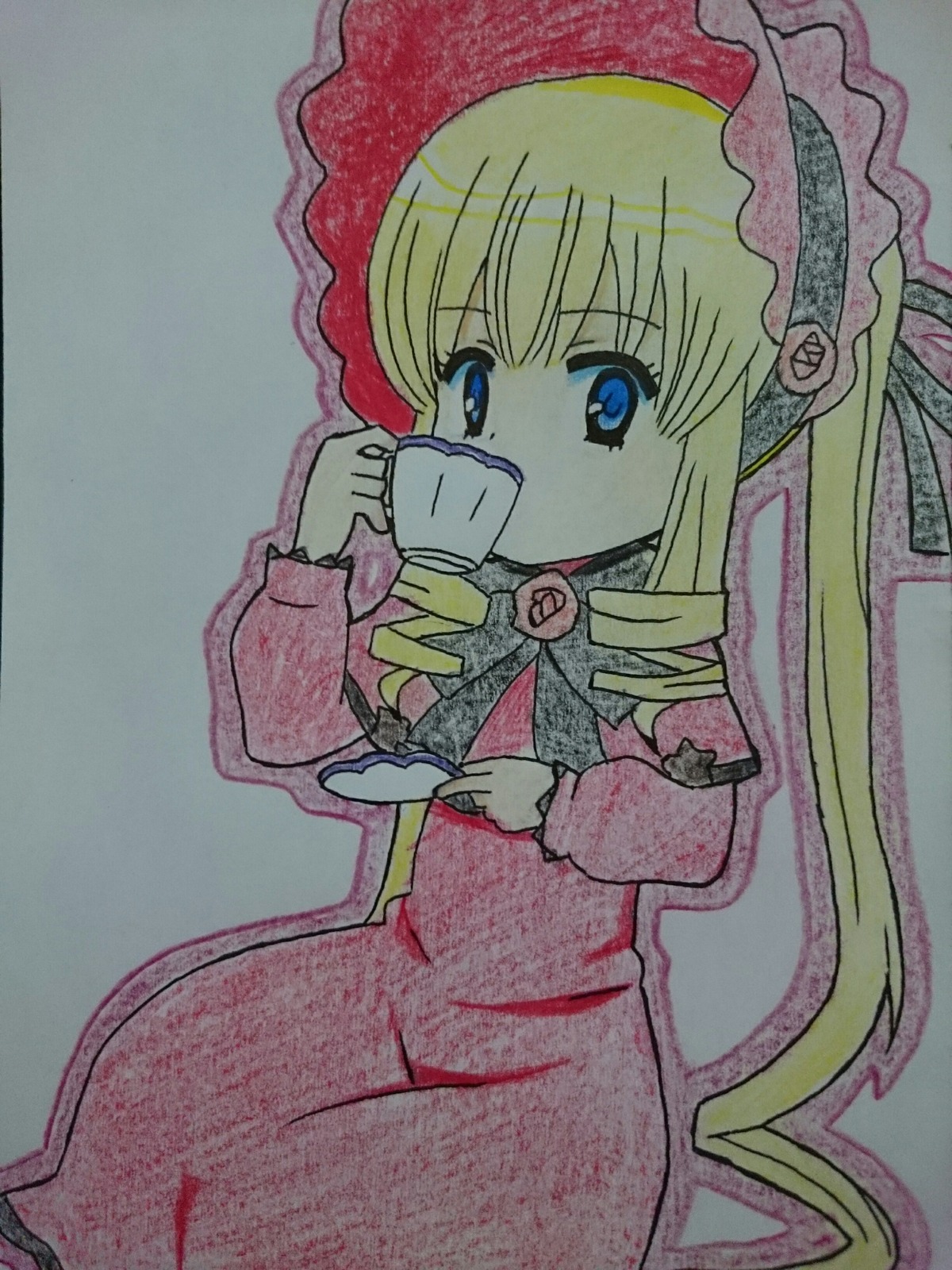 1girl bangs blonde_hair blue_eyes bonnet bow bowtie capelet cup dress drill_hair flower holding holding_cup image long_hair long_sleeves looking_at_viewer saucer shinku sidelocks simple_background sitting solo teacup very_long_hair