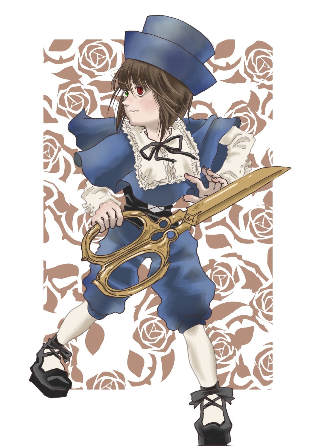 1girl blue_dress brown_hair dress flower hat image long_sleeves red_eyes ribbon rose short_hair solo souseiseki weapon