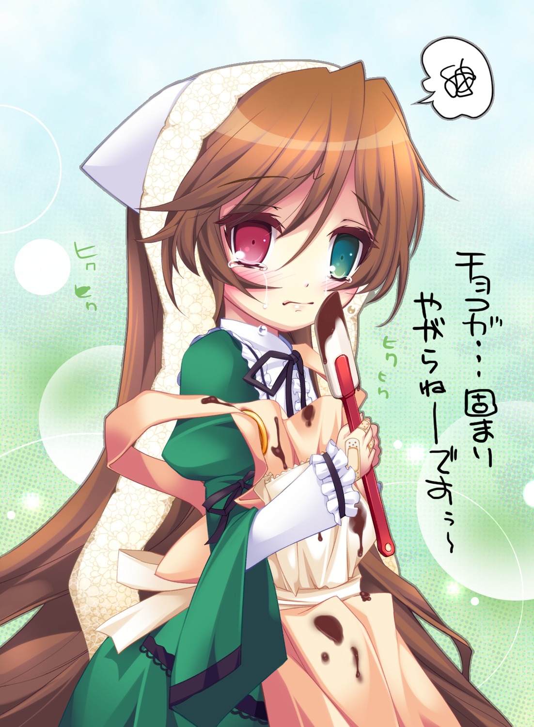 1girl apron auto_tagged bandaid blush brown_hair commentary_request dress frills green_dress green_eyes hairband head_scarf heterochromia highres image long_hair looking_at_viewer red_eyes room603 rozen_maiden solo spoken_squiggle squiggle suiseiseki tears torn_clothes translated very_long_hair